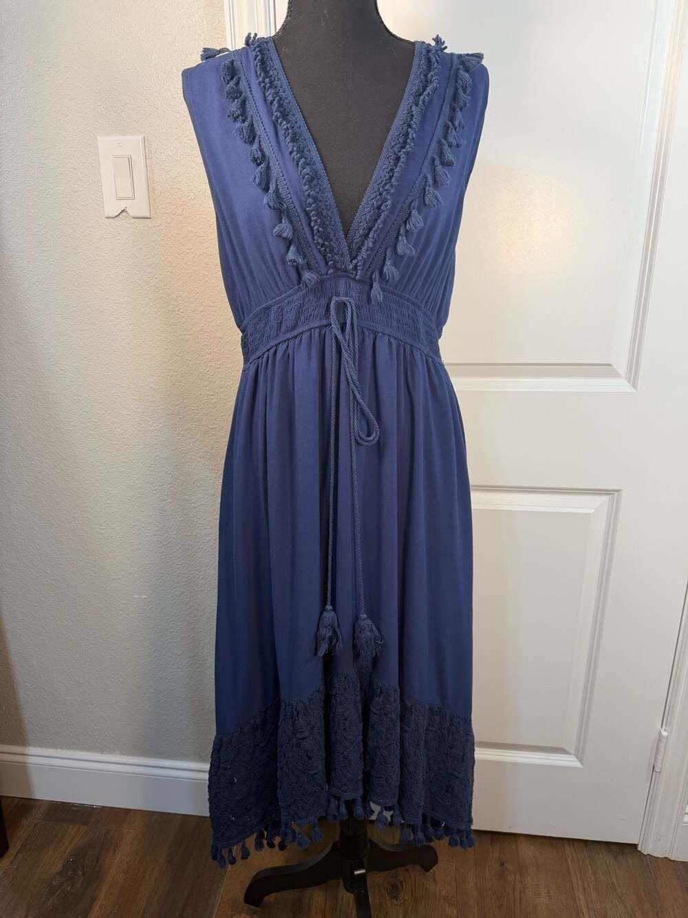 CUPSHE Boho Dreamer Blue Tassel V-Neck Smocked Waist Midi Dress Size XL